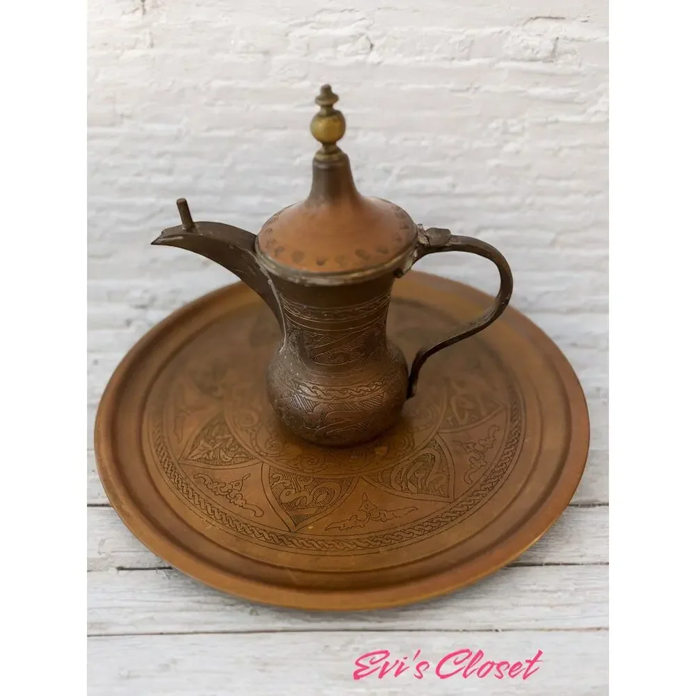 Copper Dallah Coffee Pot Maker And Serving Plate Middle Eastern Moroccan